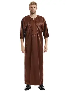 Men's Moroccan Long Robe Half Sleeve Sleepwear, Loose Striped Print 3/4 Sleeves, Traditional Middle Eastern Style Summer Fashion