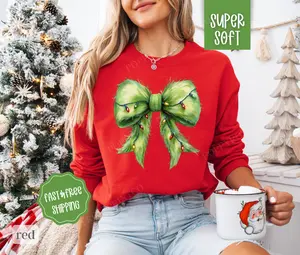 Grinchy Christmas Bow Sweatshirt, Coquette Christmas Sweater, Women's Holiday Crewneck retro christmas