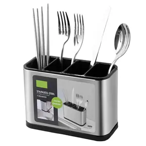 Kitchen Utensils Holder Stainless Steel Cutlery Holder with Draining Hole Anti-Slip Rustproof Cutlery Caddy for Spoons Forks