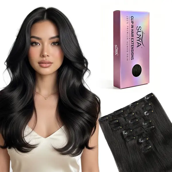 Evala-Suyya Clip-In Hair Extensions - 100% Premium Human Hair - 7-Piece Gift Set, 12-24in Long, Wavy, Black Color - Easy to Use & Secure - Perfec #Back To Schoolt for Volume & Length