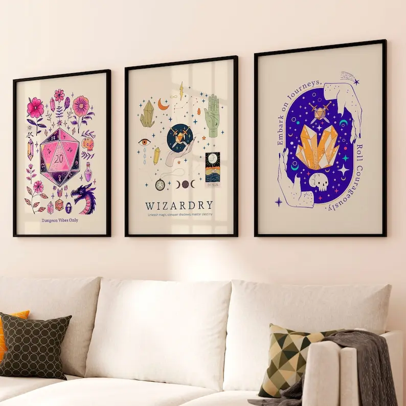 DnD Art Print Wall Art Bundle, Cute DnD Dice Artwork for Gaming Room, Perfect Gift for DnD Players Decor Poster