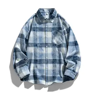 Men's Plaid Print Button Front Collarless Jacket Loose Casual Buttoned Lapel Drop Shoulders Long Sleeves Suitable for Autumn Winter Wear Men's Everyday Apparel