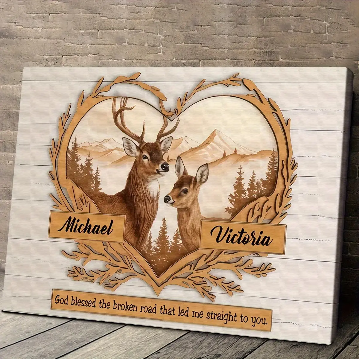 2D Flat Custom Framed Canvas Artwork Featuring a Deer And Mountains, Personalized with Two Names. This High-Quality Framed Framed Canvas Makes a Perfect Gift for , Fathers's Day, Football Star, Independence Day, Juneteenth