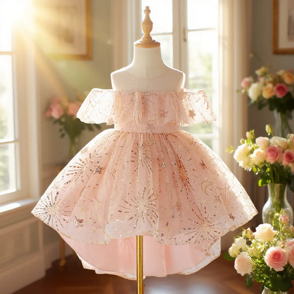 6031 Girls' Princess Look Dress - Elegant, Light, Short Sleeve, Midi Length, Fluffy Tulle Skirt, Wedding Wear for 6-7 Years, Suitable for Performances