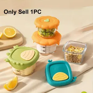 Glass Baby Food Storage Box with Measuring Mark, Cute Cartoon Design, Stores Steamed Egg Pudding Bowls, High Heat Resistant Microwave Safe