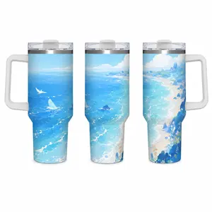 Summer Colorful Series 40oz Anime Style Pastel Beach Shore Ocean Wave Insulated Tumbler With Handle, Soft Blue Seaside Landscape Print Stainless Steel Travel Mug, Leak Proof Lid Double Wall Hot Cold Drink Cup