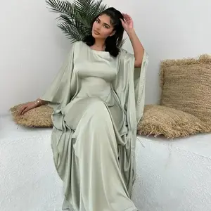 Satin Butterfly Robe Inner Belt Muslim Women’s Long Summer Dress, Dubai Turkish Islamic Clothing for Ramadan & Eid, Maxi Outfit