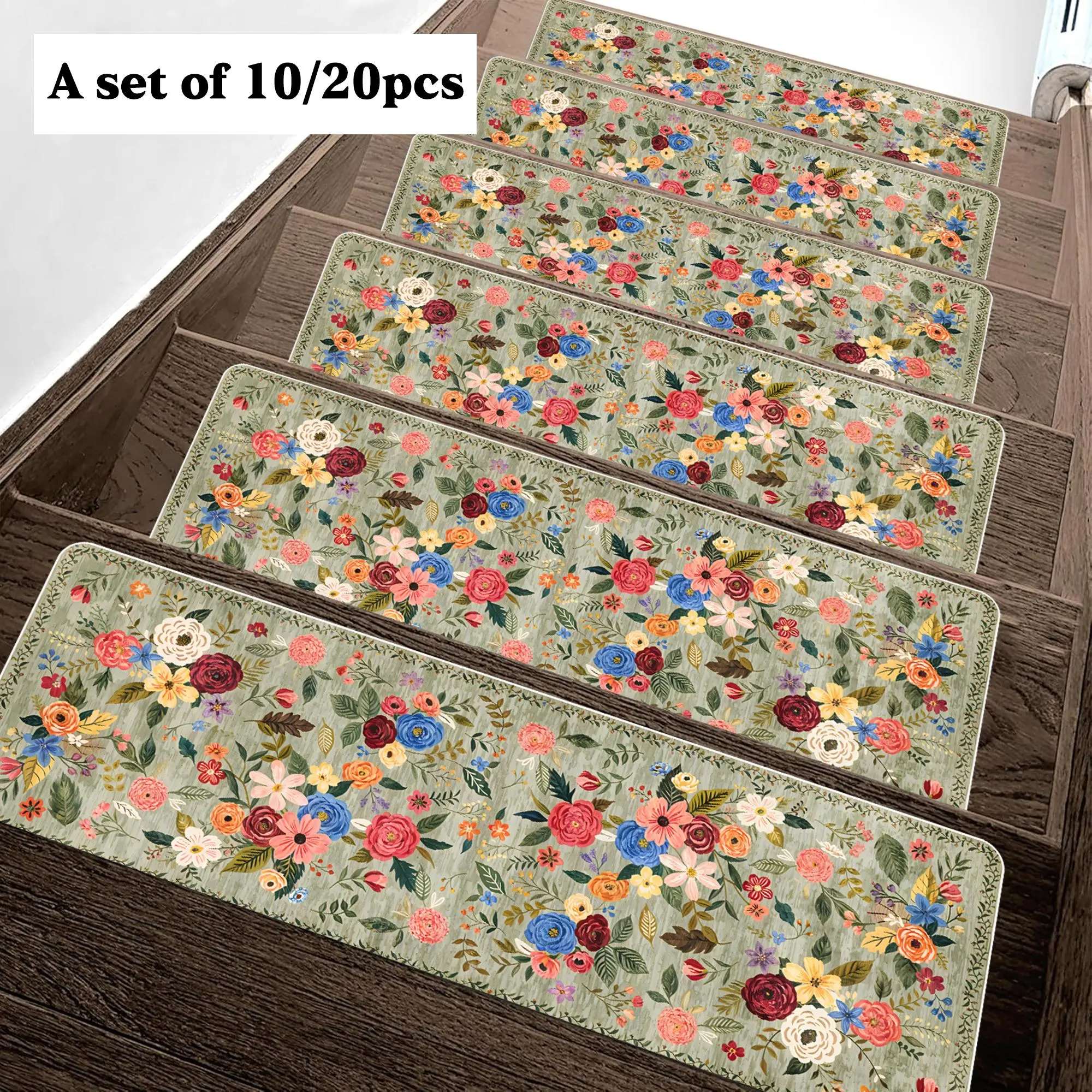 Floral Pattern Stair Mat, Non-slip Soft Stair Rug, Washable Floral Rug, Flower Pattern Rugs, Decorative Carpet for Home Living Room Bedroom Stairway, Boho Runner Rug, Stair Tread Rug