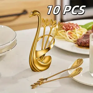 1pc 5.9in Coffee Spoon Rack With 10 pcs 4.8in Spoon, Swan Base Stand In Golden Color, Belonging To Coffee Dessert Cutlery Set, Easy To Clean Suitable For Tea Spoon And Fruit Dessert Cutlery Tableware Steel