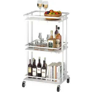 3-Tier Rolling Serving Bar Cart, Mini  Bar  and Metal Kitchen  Storage Cart with Wheels, Drink Cart Storage Rack, Coffee Bar Cabinet for Kitchen Dining Living Room (White)