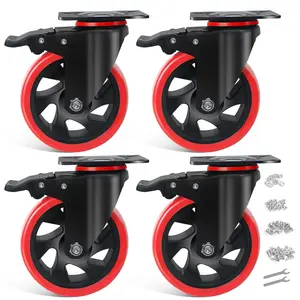 5 Inch Caster Wheels with , Casters Set of 4 Heavy Duty 2000LBS, Safety Dual Locking Industrial Casters, Polyurethane  No Noise Wheels for Cart, Workbench(Two Hardware Kits Provided)