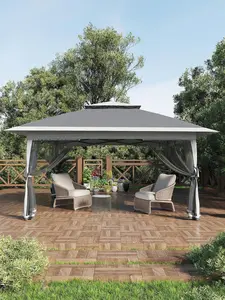 13'' X 13'' Hardtop Gazebo Patio Wide Aluminum Frame Metal Double Roof Outdoor Patio Gazebo,Outdoor Canopy Tent With Mosquito Netting,Backyard Tent For Shade And Rain For Lawn, Garden, Backyard