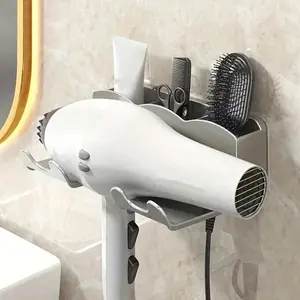 Wall-Mounted Hair Dryer Holder Rack, No-Drill Bathroom Storage Shelf, Bathroom Organizer, Traceless Adhesive, Hands-Free Hairdryer Stand