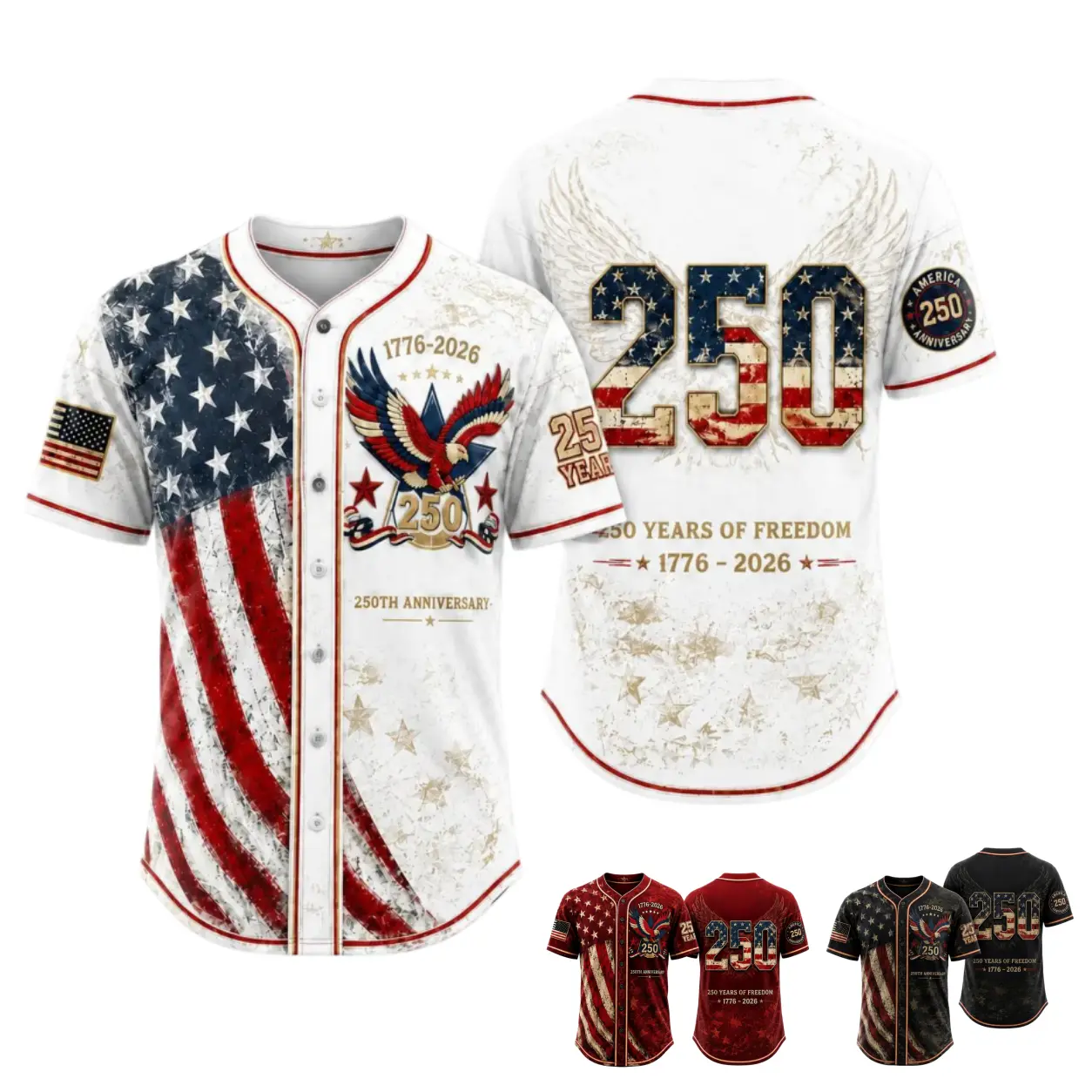 Men's USA 250th Anniversary Baseball Jersey Patriotic American Flag Eagle Button Down Shirt 1776-2026, Vintage Distressed 4th of July Independence Day Graphic Tee, Unisex Casual Sports Top for Men Women, White