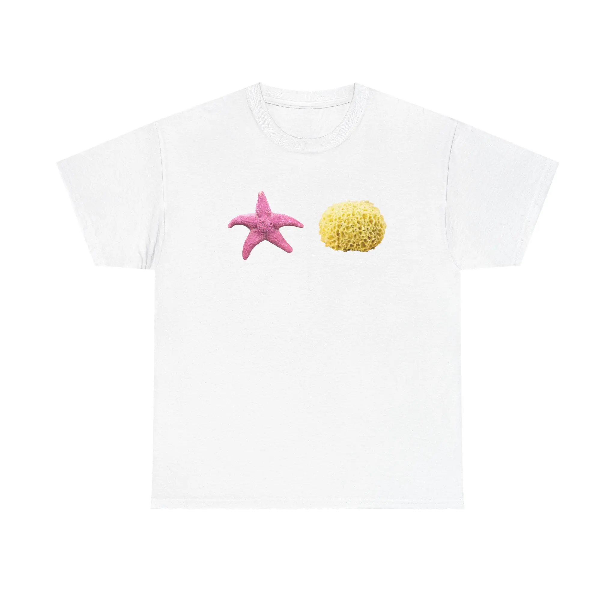 Men's Short-Sleeve Round Neck Ribbed Knit T-Shirt - Pink Starfish & Yellow Sea Sponge Prints, Classic Relaxed Fit, Breathable Fabric, Sunny Beach Style, Everyday Wear, Cold Wash Compatible Top