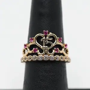14K Gold Quinceañera Tiara Ring with CZ Stones Dark Pink Stones