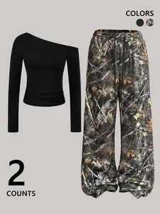 New Slanted Neck Top Two-Piece Set, Graphic Branch Print Sweatpants with Short Shirt, Fitted Streetwear, Casual Fashion Trend Outfit