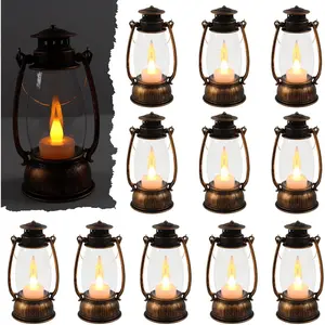 12Pcs 6Inch Mini Decorative Lantern with Flickering LED Candle, Vintage Hanging Small Western Candle Holder for Table Centerpiece, Ideal for Halloween Camping Party Decor, Brown