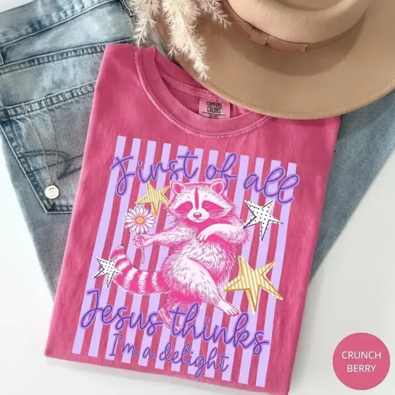 Comfort Colors Just Tell Me Jesus Thinks I'm A Delight Shirt, Cute Christian Raccoon Graphic Tee, Faith Based Religious T-Shirt, Vintage Floral Animal Church Apparel, Unisex Garment Dyed Tee