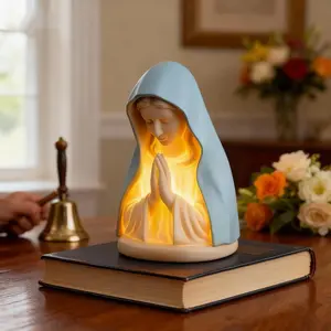 Our Lady Mary LED Prayer Night Light Elegant Religious Porcelain Statue Wall & Table Lamp Catholic Prayer Decoration for Home Bedroom Living Room Office