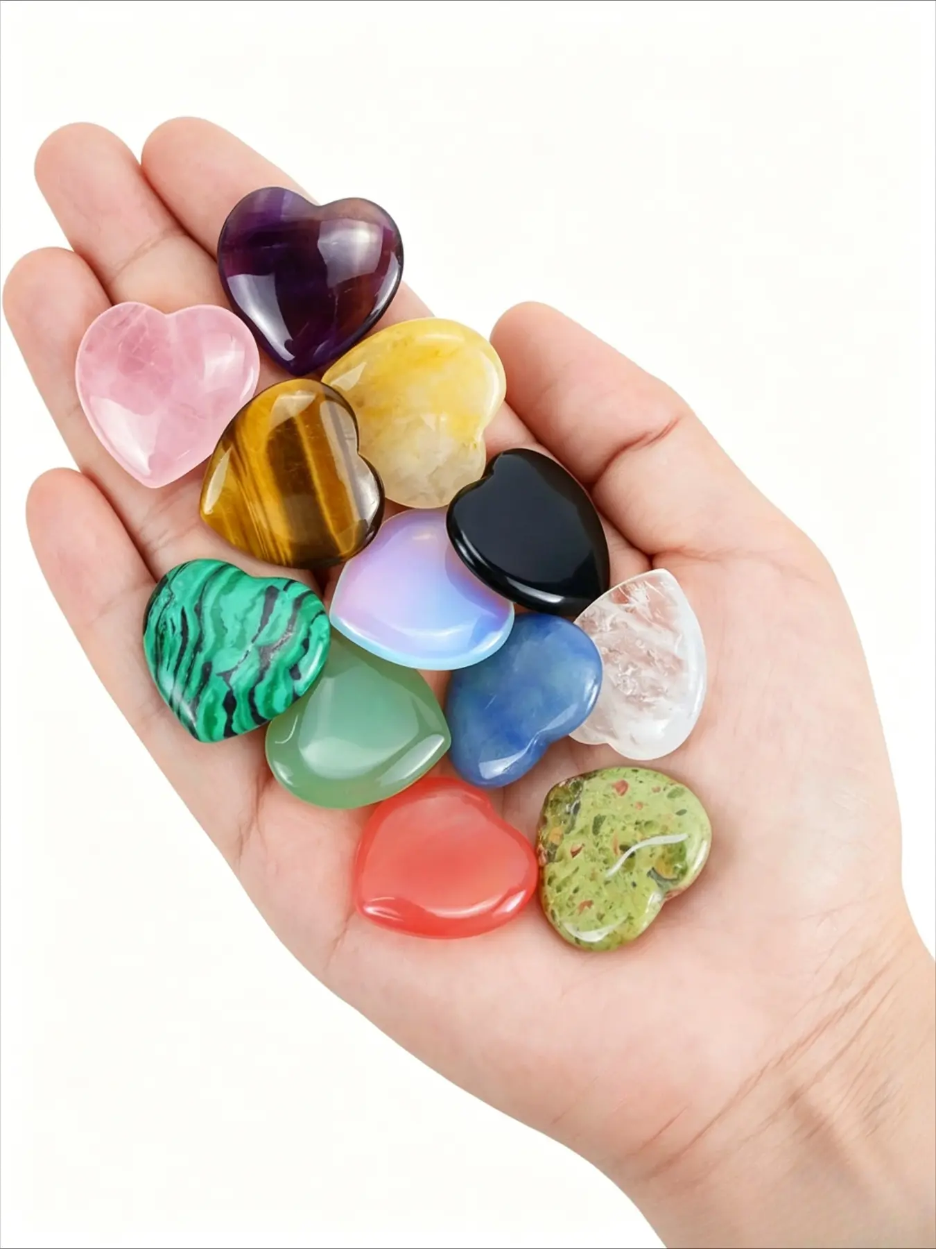 12-Piece Heart-Shaped Crystal & Healing Stone Set, Reiki Energy Gem Healing Crystals, Amethyst Heart Set, Rose Quartz Heart Crystals, Loose Polished Gemstones, Spiritual Gifts for Women