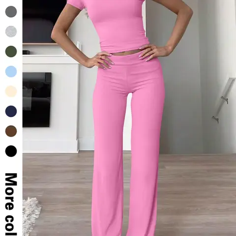 Women's Solid Fitted Round Neck Crop Tee & Flare Leg Pants Two-piece Set, Matching Lounge Sets, Loungewear, Casual Fashion Cozy Breathable Two Piece Outfits for Daily Outdoor Wear, Ladies Clothes for All Seasons