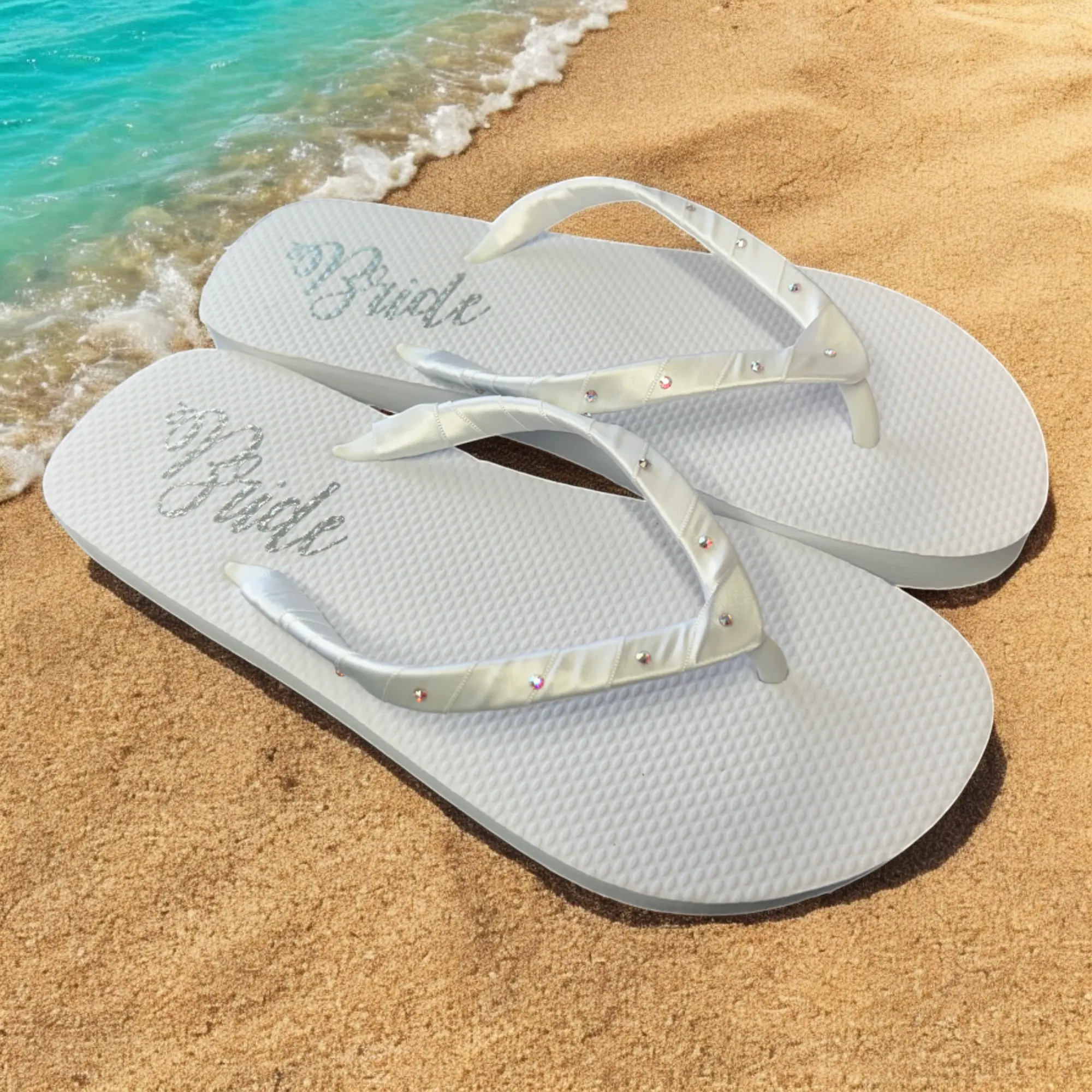 White Bride Flat Flip Flops with Crystal Rhinestone Accents on Satin Wrapped Straps, Wedding Sandals