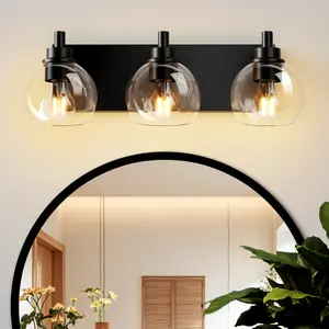 Muti-Light Matte Black Bathroom Vanity Light Fixtures Over Mirror, Modern Clear Round Glass Globe Wall Sconce, Damp Rated Bathroom Mirror Light for Bathroom, Laundry Room, Unfinished Basement, Above Bathtub, E26 Base, 110-220V, Hardwired
