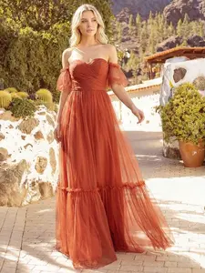 Romantic Off-Shoulder Ruffle Hem Mesh Tangerine Bridesmaid Dress, Suitable For Wedding, Party, Graduation, Birthday, Spring/Summer Elegant