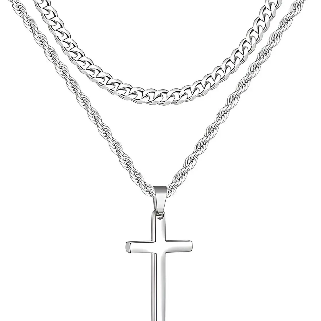 Layered Mens Cross Necklaces Stainless Steel Cross Pendant Cuban Link Rope Chain,Hip Hop Clavicle Necklace, Stackable Jewelry, Stylish Cool Chain