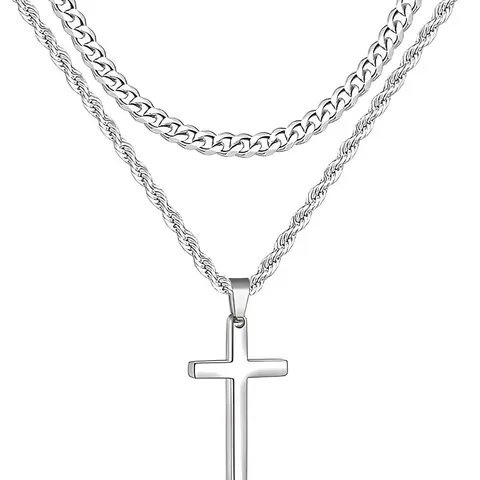Men's Stainless Steel Layered Cross Necklaces - Non Tarnish Cuban Link & Rope Chains, Stackable Hip Hop Clavicle Jewelry, Layered Chains, Men's Jewelry, Gifts for Him, Fashion Accessories