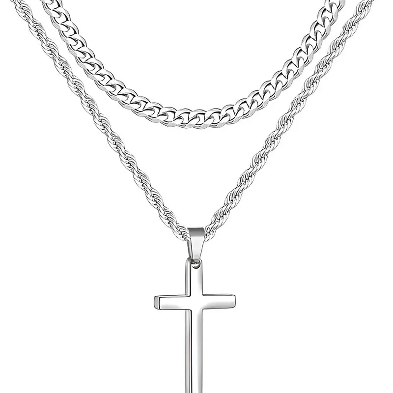 Men's Stainless Steel Layered Cross Necklaces - Non Tarnish Cuban Link & Rope Chains, Stackable Hip Hop Clavicle Jewelry, Layered Chains, Men's Jewelry, Gifts for Him, Fashion Accessories