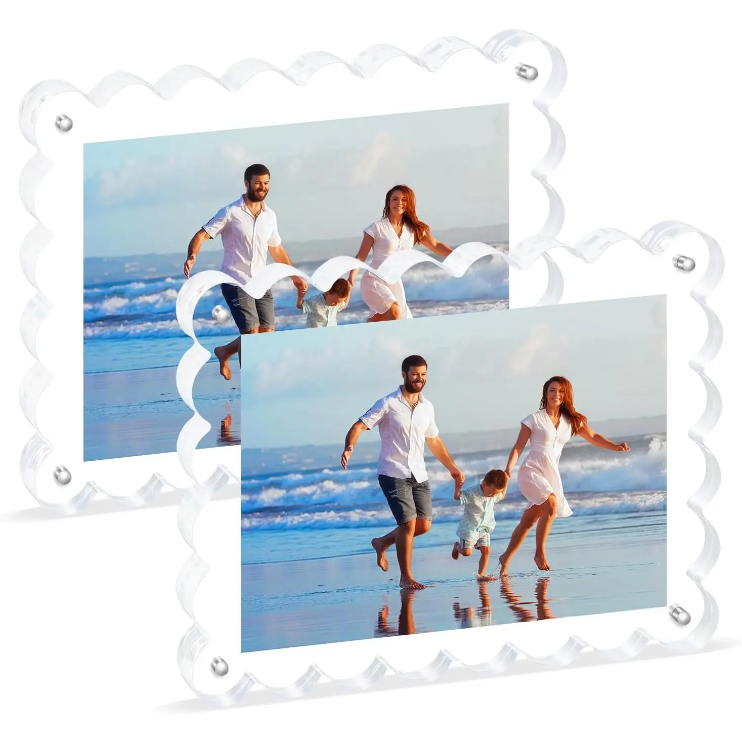 2Pack   Photo Frame 5x7 Inch - Sleek Scalloped Design, 10+10mm Thick  Clear Block, Freestanding Double-Sided  |Trendy   (2 Pack, 5X7)