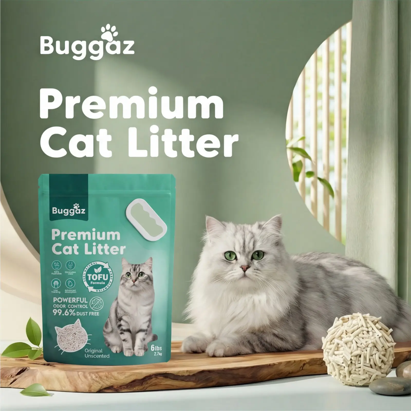 BUGGAZ Premium Tofu Cat Litter, Flushable Low Tracking Unscented Fast Clumping Ultra Absorbent 100% Natural Dust-Free Fast Drying Water-Soluble Odor Control