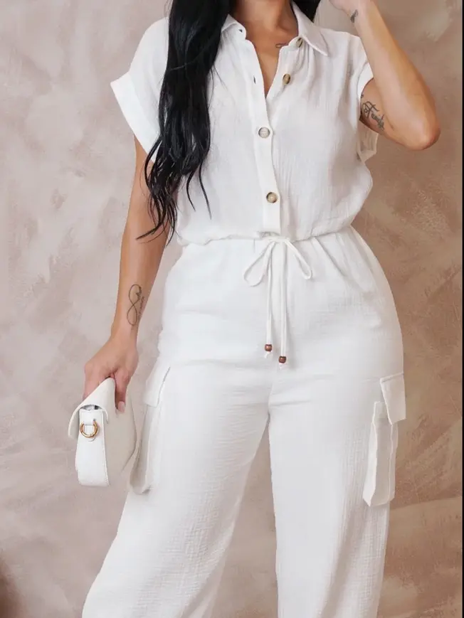 Oversized Button Front Cargo Jumpsuit - White, Comfortable & Stylish for Casual Outings & Semi-Formal Events