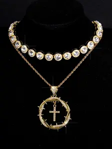 3pcs Hip-Hop Punk Geometric Cross Thorns Pendant Necklace, Dazzling Round Rock Sugar Design, Stacked Jewelry for Men and Women, Chunky Necklace