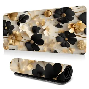Black And Gold Floral Pattern Large-Sized Gaming Mouse Pad, Gaming Mousepad, 3mm Thickened Luxury Elegant Desktop Protection Pad, Anti-Slip Rubber Lock Edge High-Definition Printing, Suitable For Computers, Laptops, Offices, Homes, Schools, Great Gift