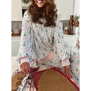 1pcs Women's Christmas Loungewear Set Tree Bow Print Two Piece Pajamas Long Sleeve Top & Joggers Soft Cozy Outfit Comfy Cute Fuzzy Polyester Lightweight Fabric Pink Bow Design Matching PantsGift