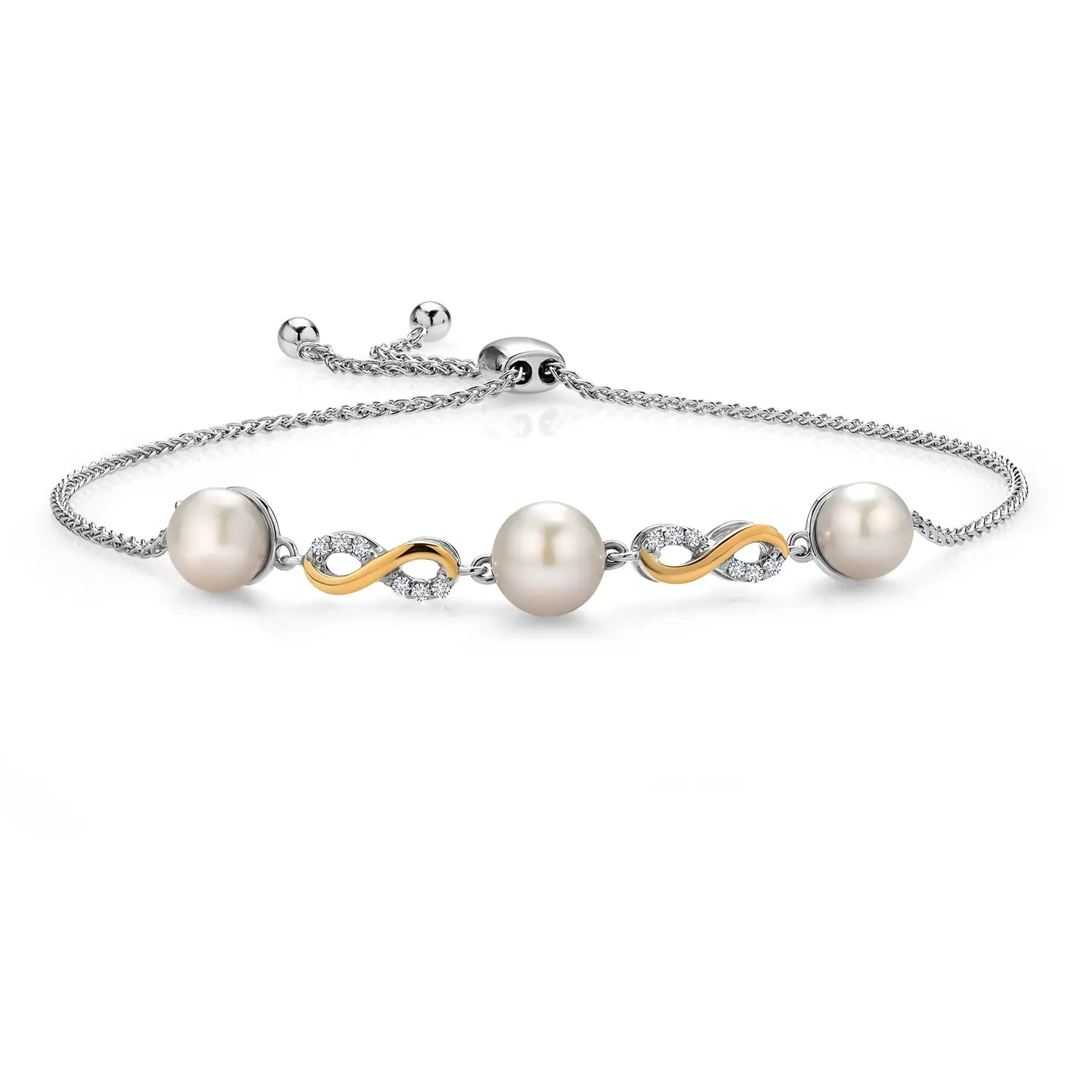 925 Sterling Silver and 10K Yellow Gold Cultured Freshwater Pearl and White Lab Grown Diamond Infinity Tennis Bracelet for Women (Round 6-7.5MM Pearls, Adjustable Up to 9.25 Inch)