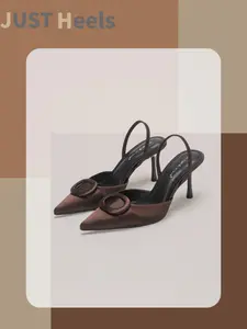 Coffee Brown Satin Back Strap High Heels, Women's Pointed Toe Stiletto Sandals, Elegant Party Wedding Shoes, Comfortable All-Season Footwear,Brown Satin O-Ring Buckle Slingback Heels | Pointed Toe Stiletto Heels | Versatile Office & Party Elegant Shoes fo
