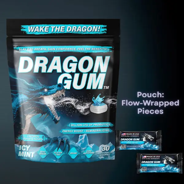 Dragon Gum Pouch 30pcs, 60pcs, 90 pcs, and 120 pcs| Icy Mint Flow-Wrapped Xylitol Chewing Gum | Liquid Center Technology for Fresher Breath Brighter Smile & Daily Oral Wellness  "