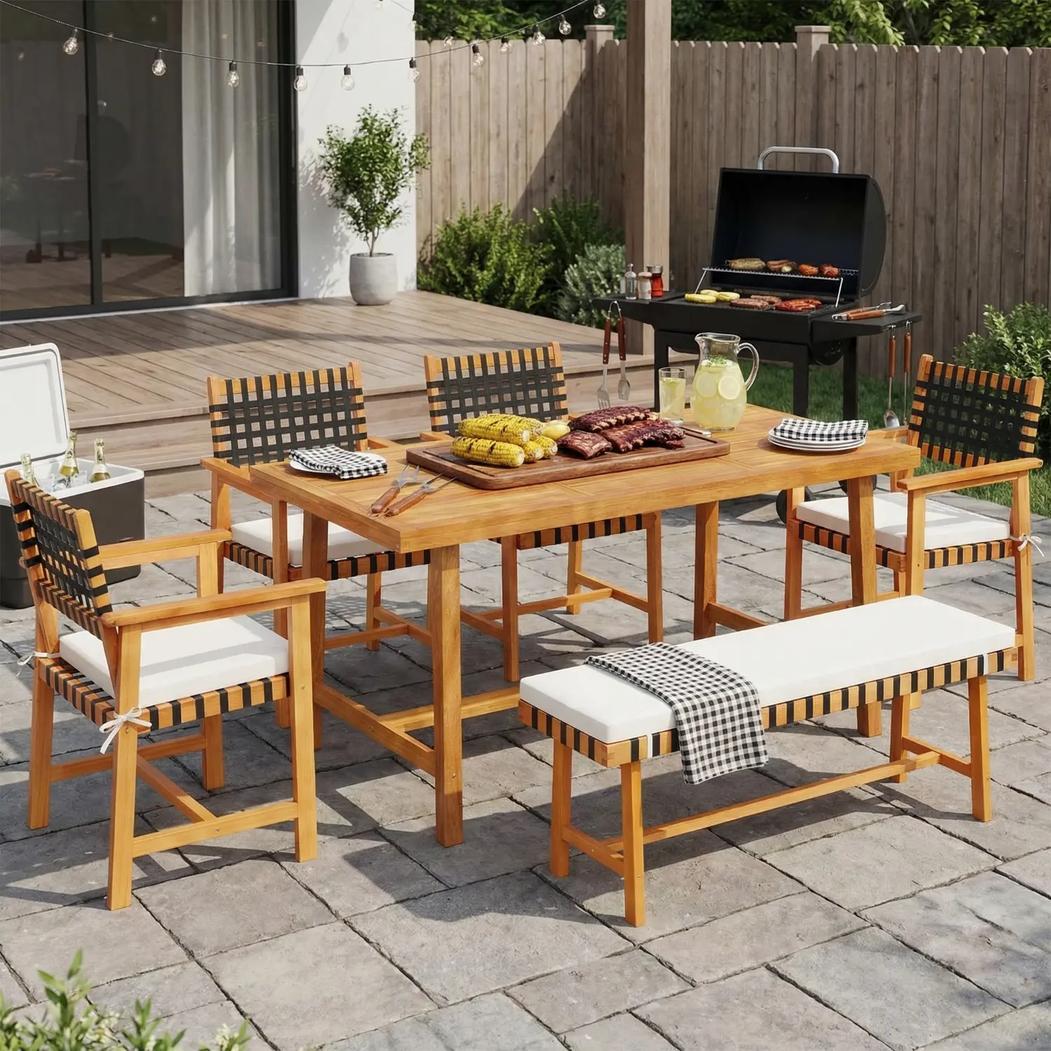 Spaco Heavy-Duty Acacia Wood Slatted Dining Table - 6-Person Rectangular Modern Table with Stable Base for Indoor Dining Room, Outdoor Patio, Slatted Dining Tables