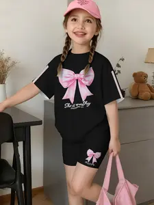Base Bow Set for Girls, Fashion Short Pants Set, Bow Print, Outdoor Casual Wear, All Seasons