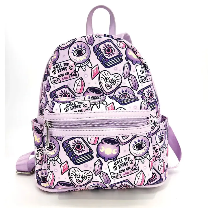 Witch-Themed Fantasy Vinyl Mini Backpack Cute Trendy - 5in W x 9.5in H x 9in L, Adjustable Padded Strap, Exterior Side Slip Pockets, Multiple Zip Functional Pockets, Daily Use Bags for Style-Focused Modern Witches, Trendy Backpack, Faux Leather, Witchcraf