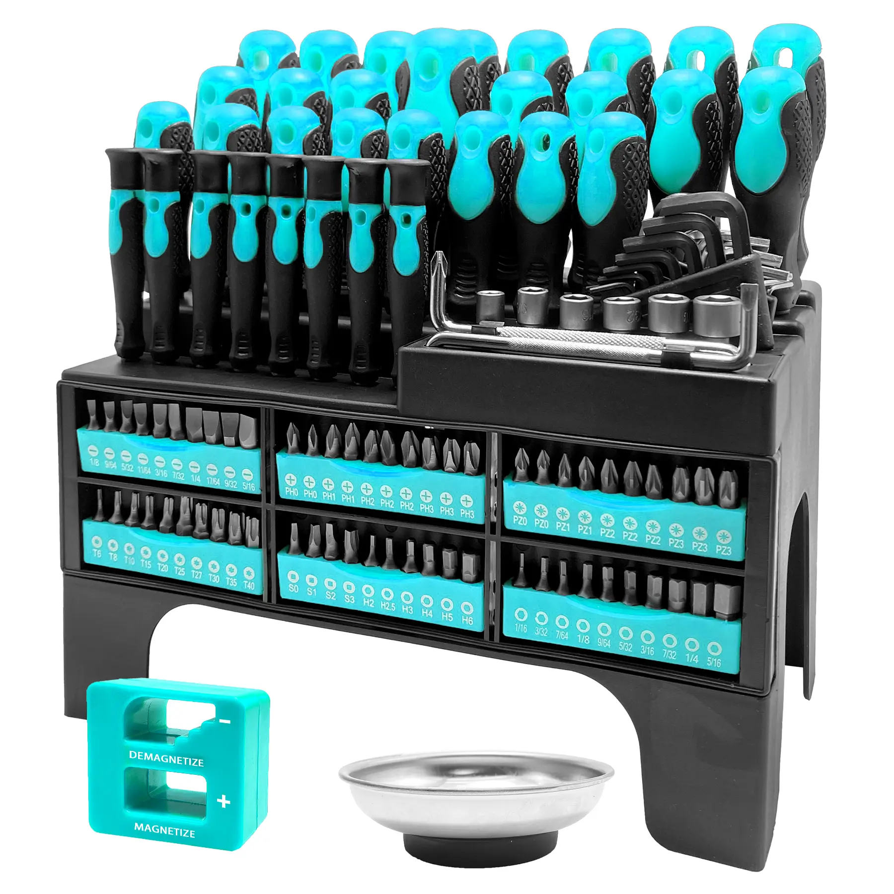 DARK DUCK 118-Pc Chrome Vanadium Steel Screwdriver Set - Magnetic Hex/Flat/Star Beads, Non-Slip Grip & Storage Rack - Ultimate DIY Tool Kit for Woodworking/Mechanics blue (Includes Bowl/Gloves)