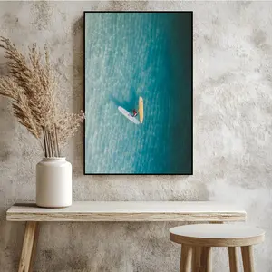 Serene Ocean Surfer Canvas Print Minimalist Beach Wall Art with Aerial View Coastal Decor for Chill Room Accessories Vintage Room Decor Front Porch Living Room Accent Bedroom and Bathroom Summer Aesthetic Housewarming Gifts