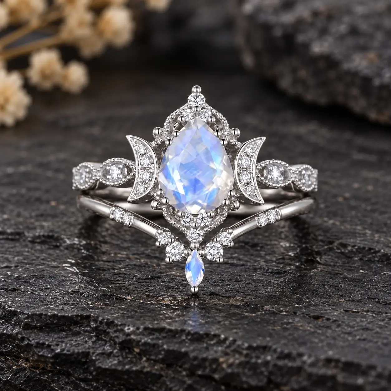 Moonstone Ring Set for Women, Celestial Crescent Moon Bridal Ring Set, Vintage Silver Tone Stackable Rings, Mystical Jewelry Gift