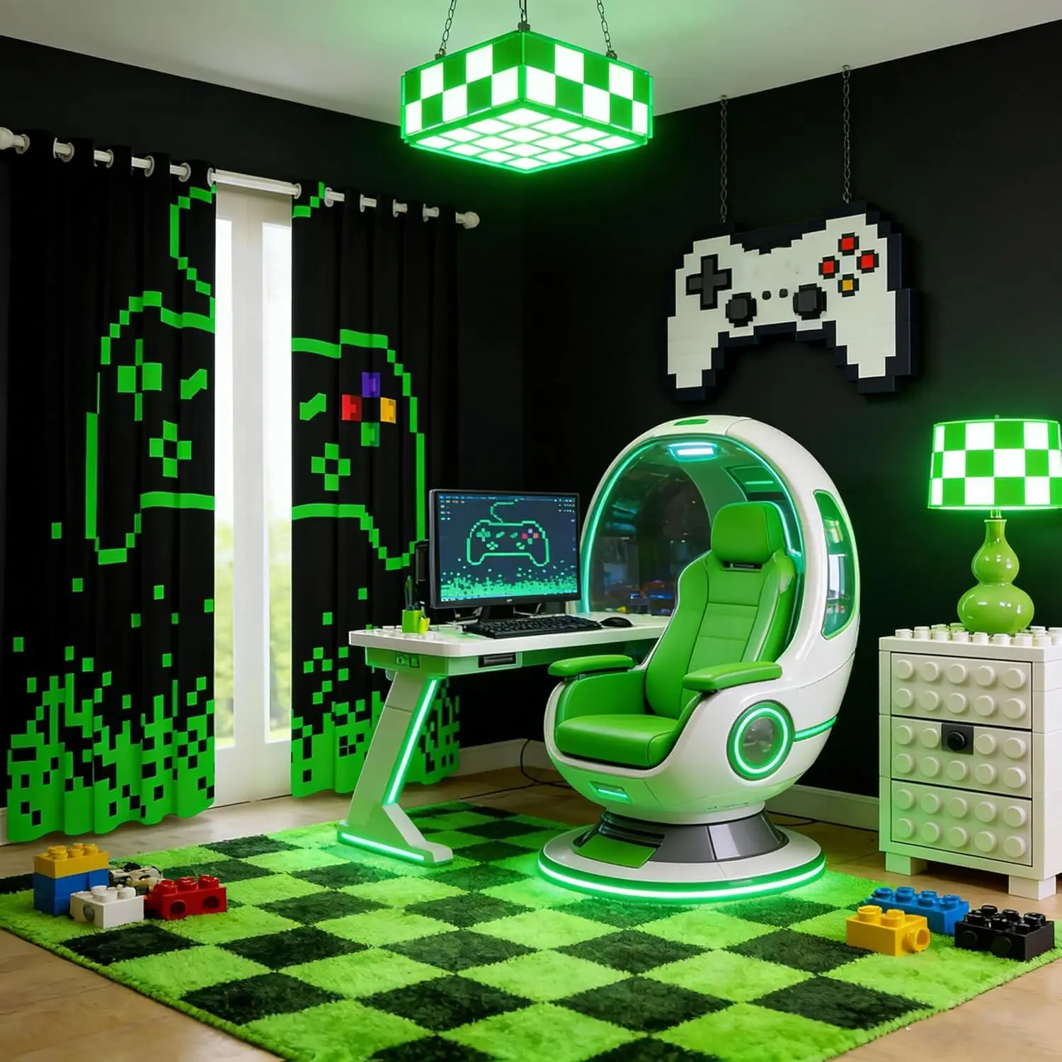 Video Games Blackout Window Curtain,Miner Games Window Treatment Curtain,Neon Green Block Building Bedroom Curtains Modern Black Living Room Decor Top 2 Panels