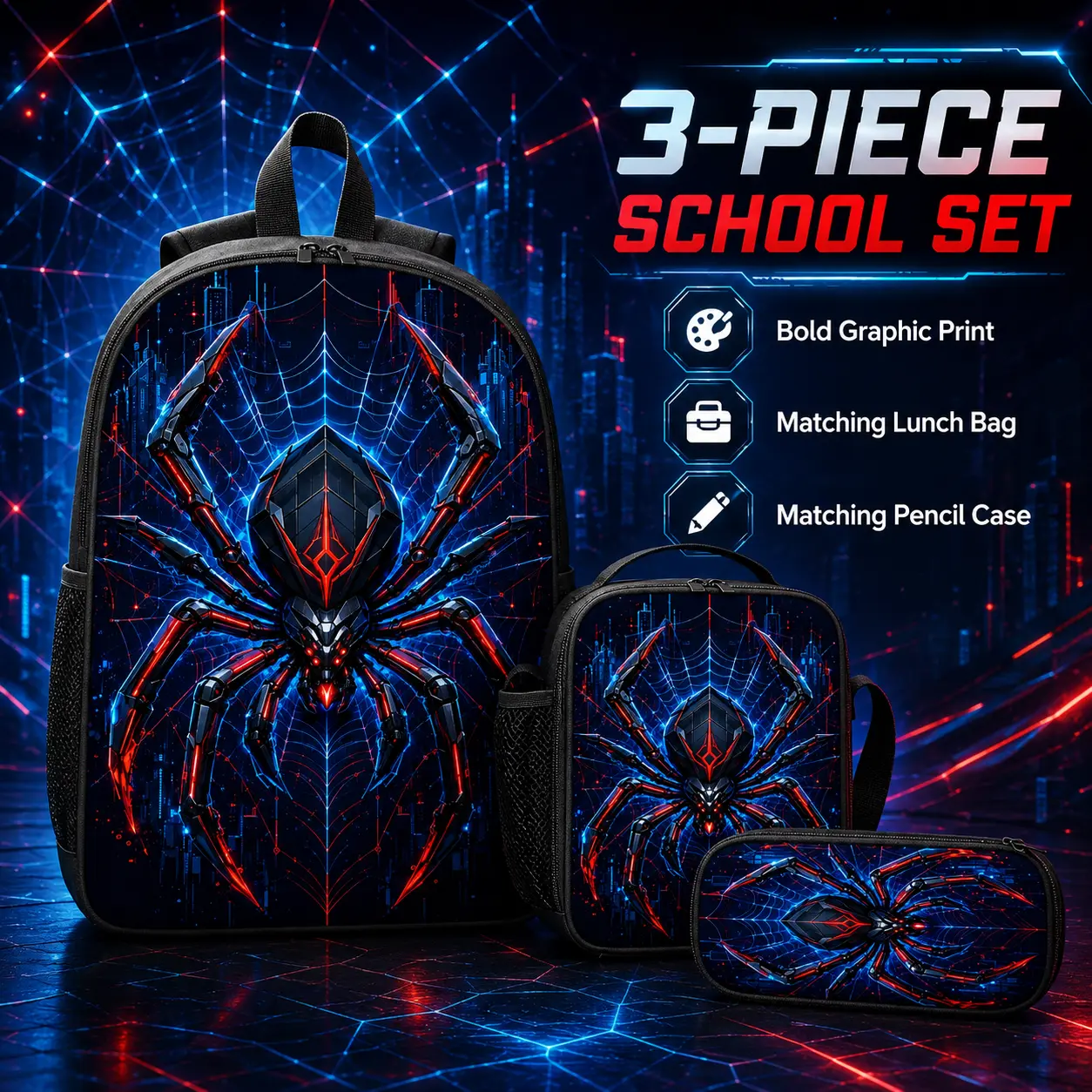 3-Piece Backpack Set for Boys, Cyberpunk Mech Spider Oxford Cloth School Bag with Insulated Lunch Box and Wide Straps, Backpacks For School, Spider Styles