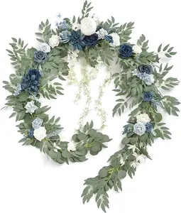 9FT Eucalyptus and Willow Leaf Garland with White Flower, Handcrafted Wedding Sweetheart Table Centerpieces Head Table Decor Arch Backdrop Decorations for Wedding|Blue